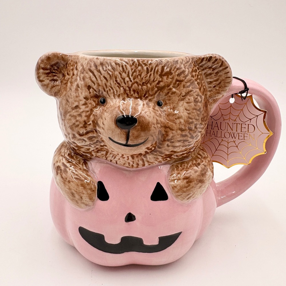 Haunted Halloween Pink Pumpkin Teddy Bear Figural Mug 27oz Ceramic Pastel Goth